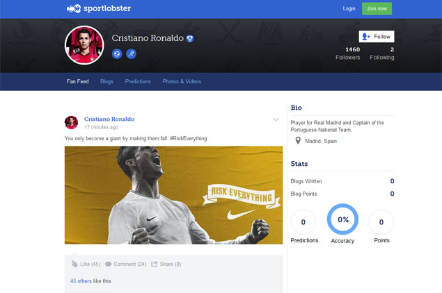 Cuenta de Cristiano Ronaldo en la red social Sportlobster