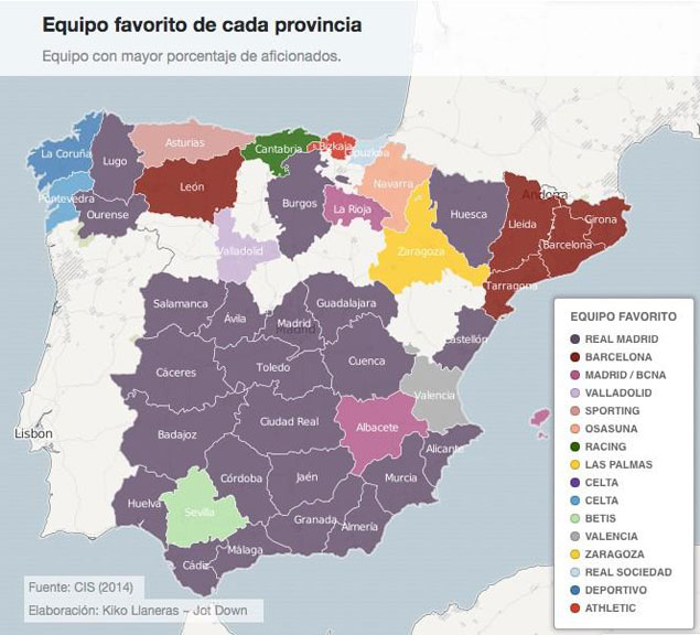 El Real Madrid, el preferido en España (Mapa vía JotDown)