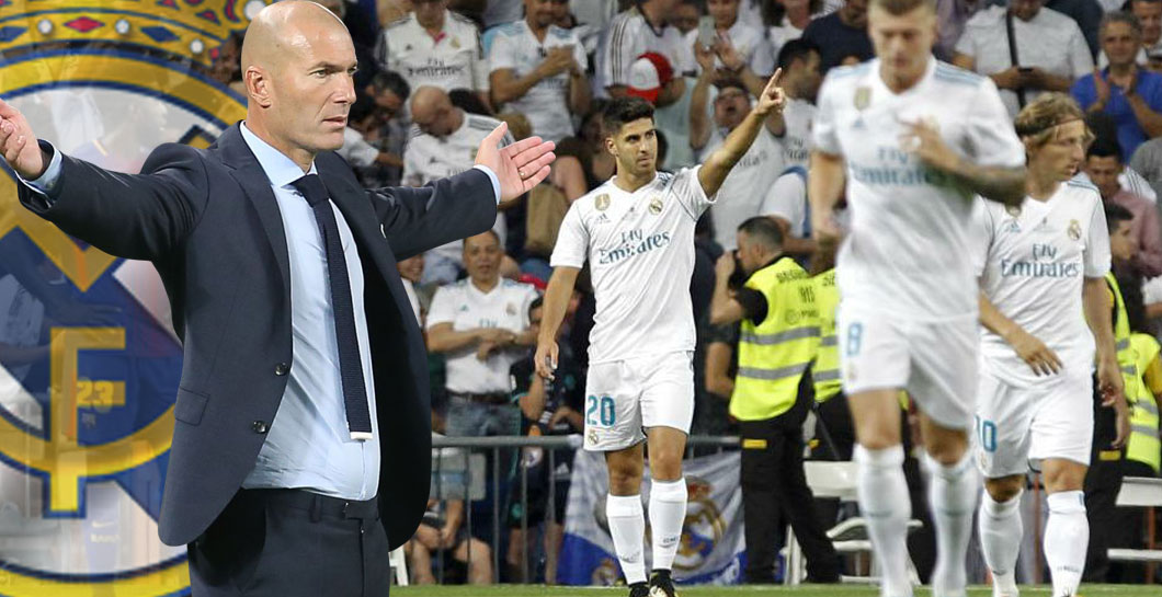 Montaje Real Madrid, Asensio, escudo y Zidane