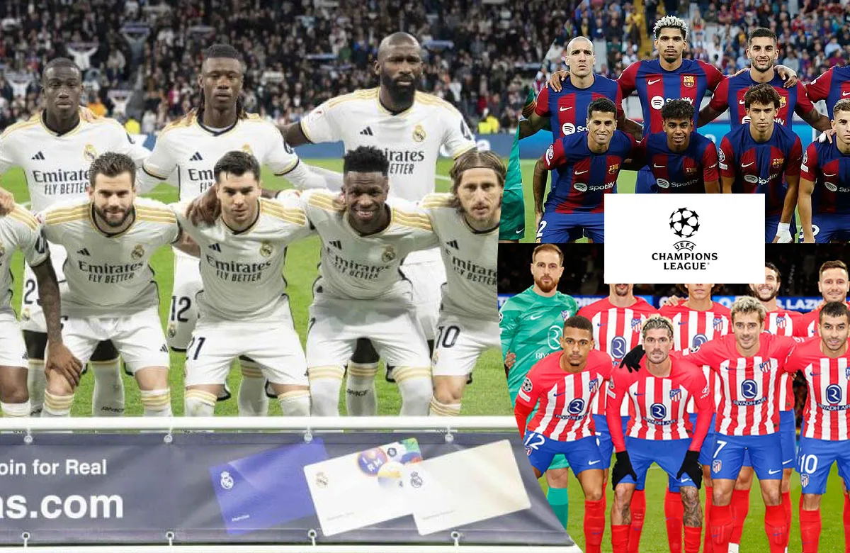 Alineación de Barça, Real Madrid y Atlético de Madrid con logo de Champions