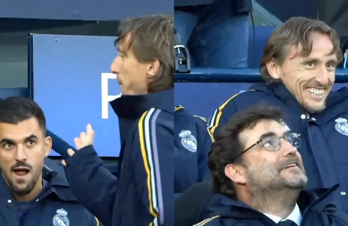 Luka Modric, en conversación con Joselu, ante la atenta mirada de Ceballos.