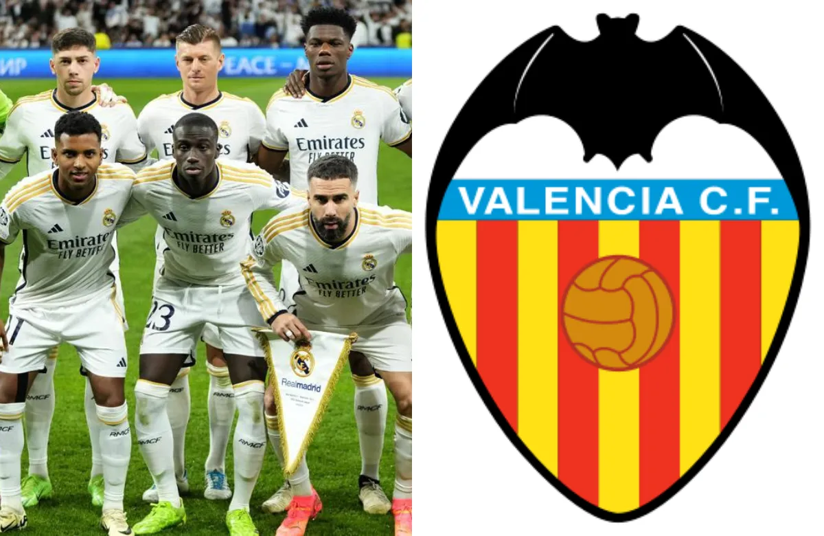 Once del Real Madrid y escudo del Valencia