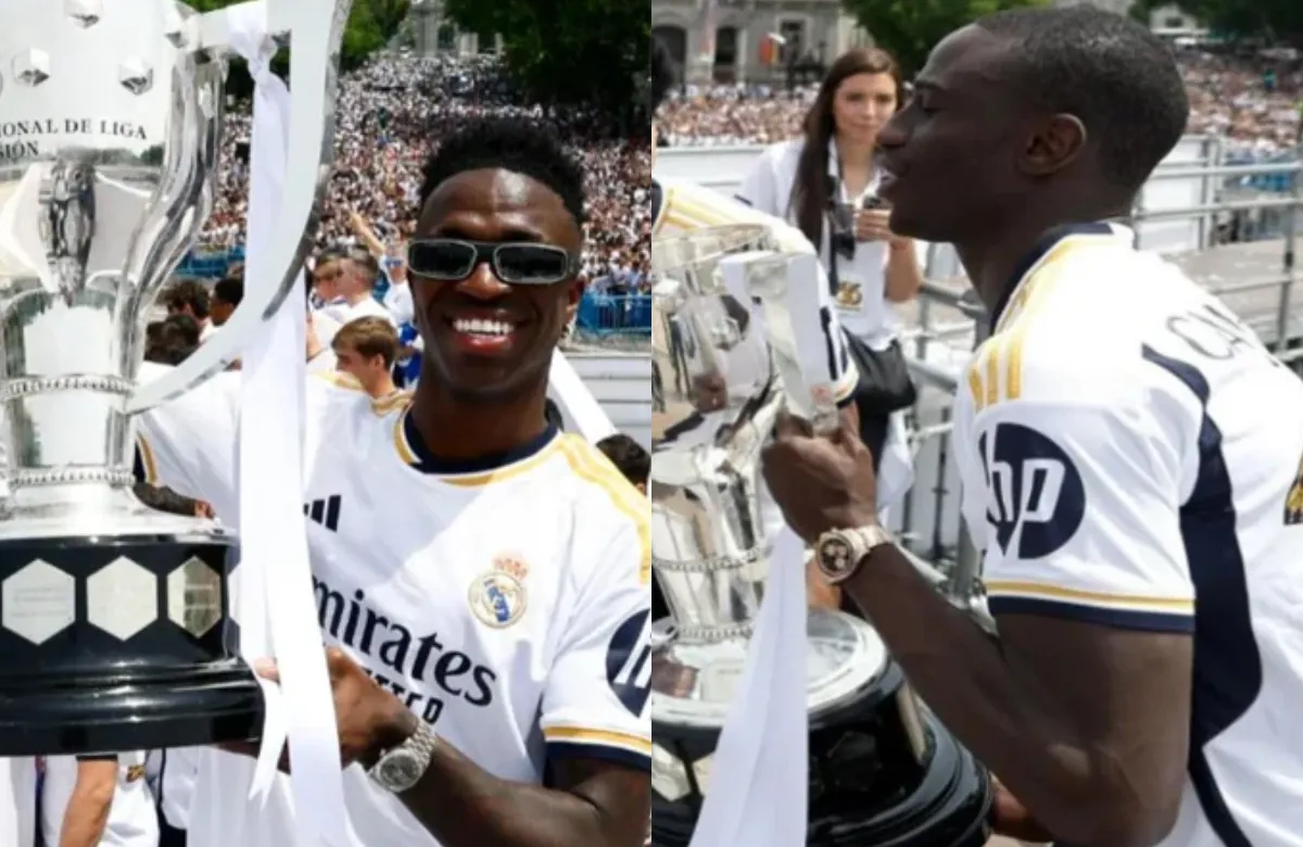 Vinicius y Mendy, celebrando la Liga del Madrid, el pasado domingo.