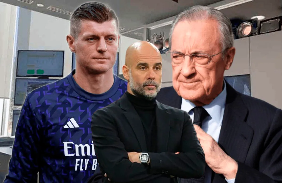 Pep Guardiola, Toni Kroos y Florentino Pérez