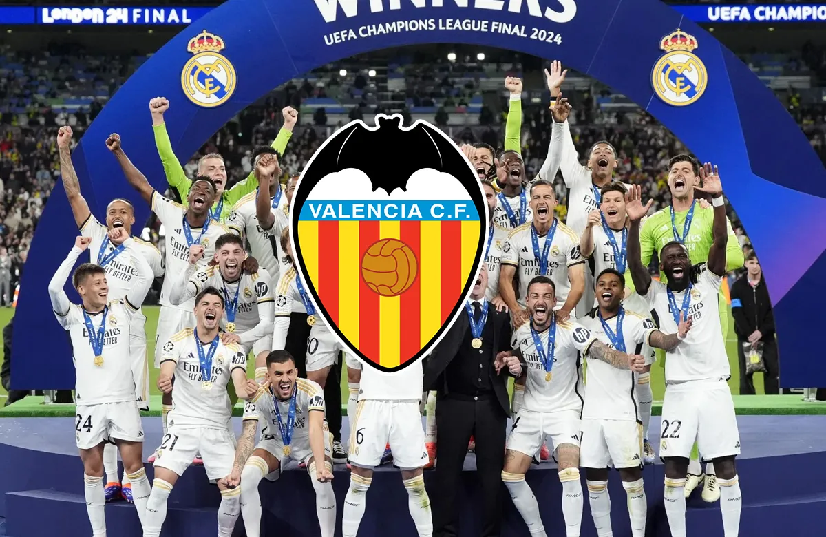 Jugadores del Real Madrid y escudo del Valencia