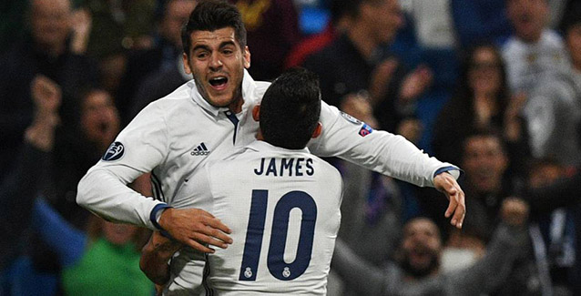 Morata y James celebran el segundo gol al Sporting de Lisboa