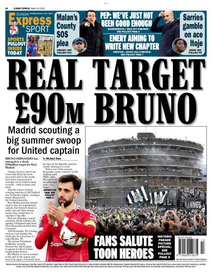 La portada de Sunday Express sobre el fichaje de Bruno Fernandes por el Real Madrid. La portada de Sunday Express sobre el fichaje de Bruno Fernandes por el Real Madrid.