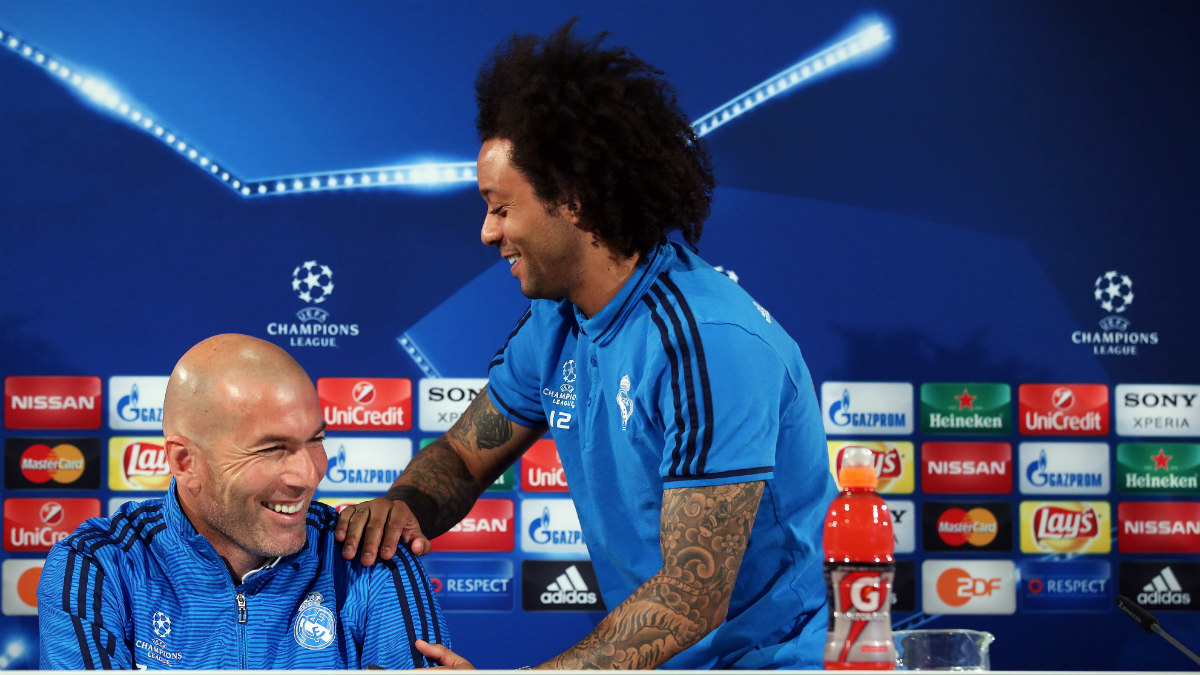 Marcelo y Zidane tras una rueda de prensa de la Champions
