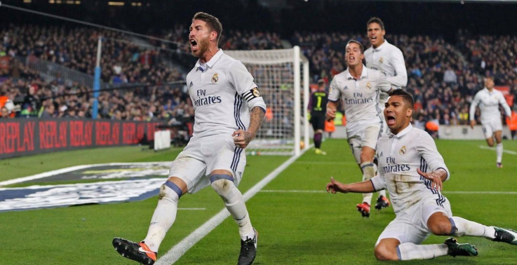 Ramos celebra su gol en el Camp Nou