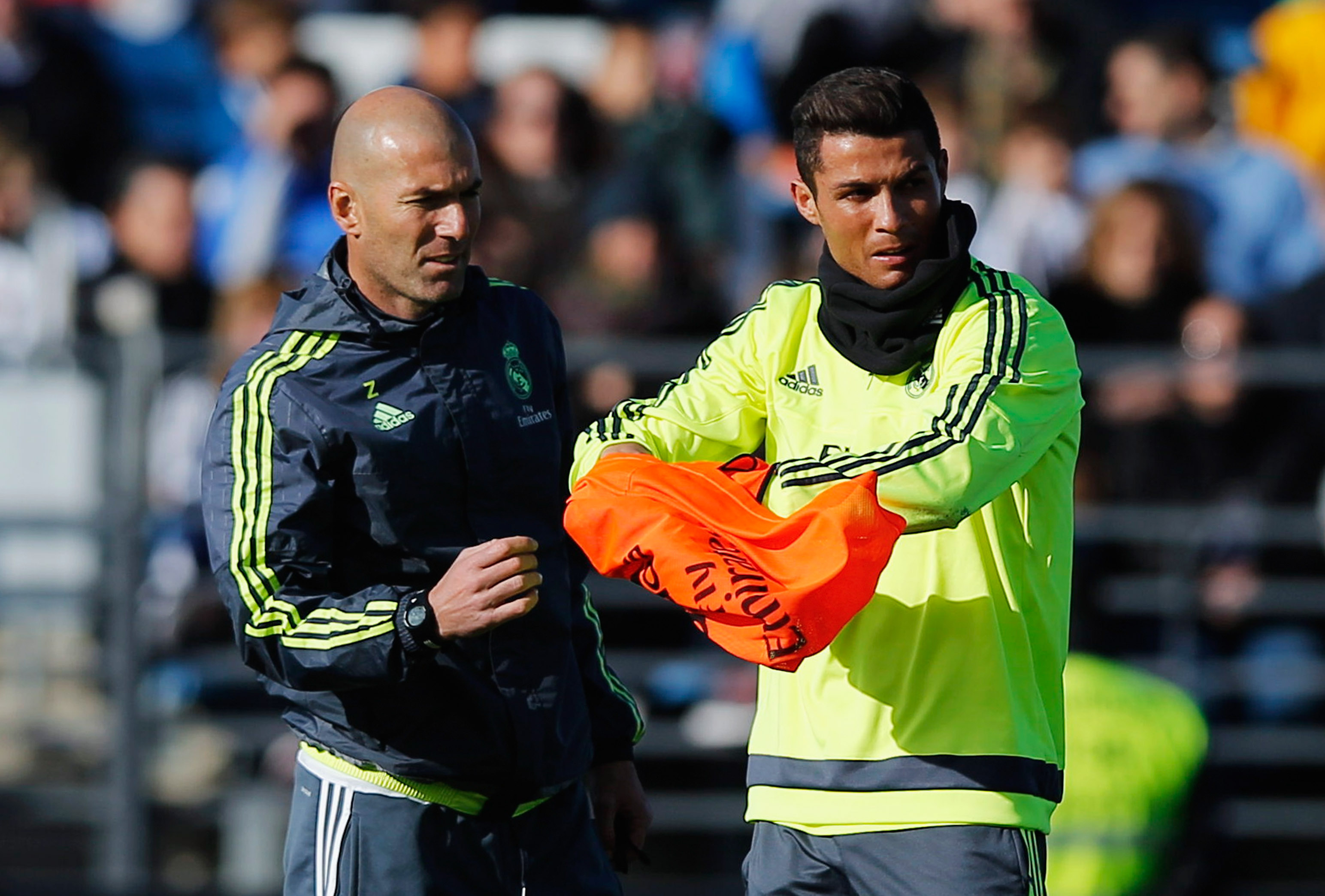 Cristiano y Zidane durante un entrenamiento en Valdebebas