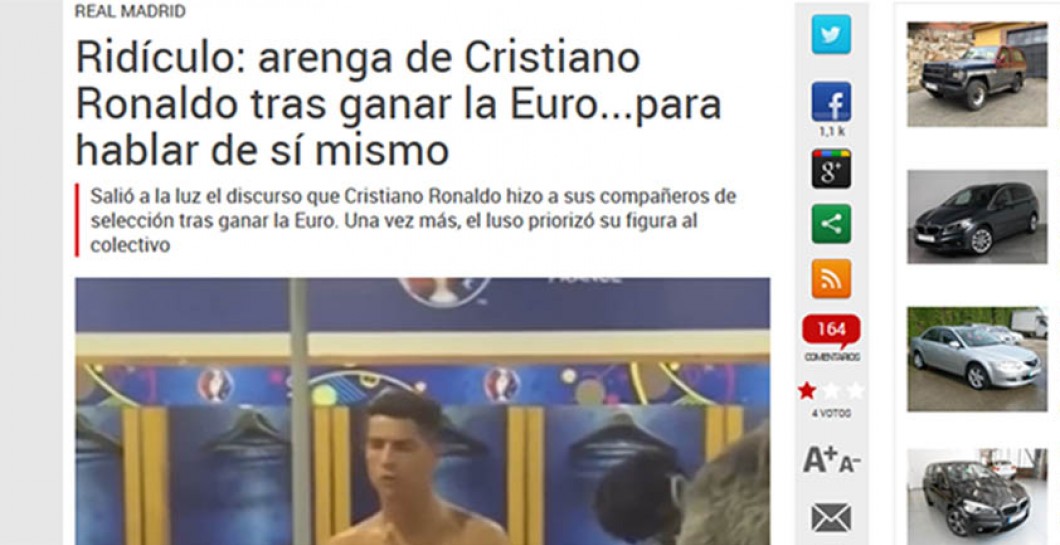 'Sport' ha atacado a Cristiano por su arenga con Portugal