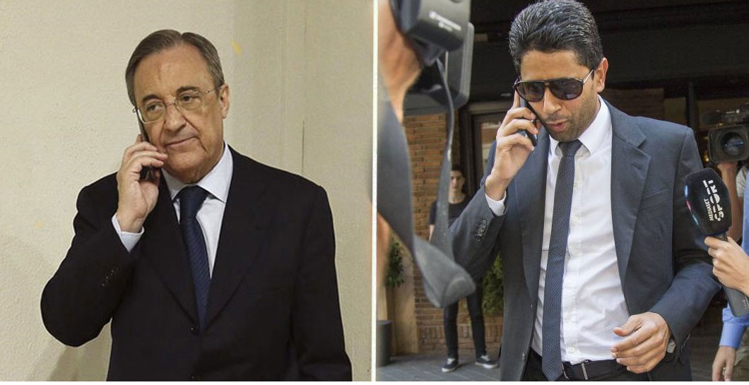 Montaje de Florentino y Al Khelaïfi hablando por teléfono