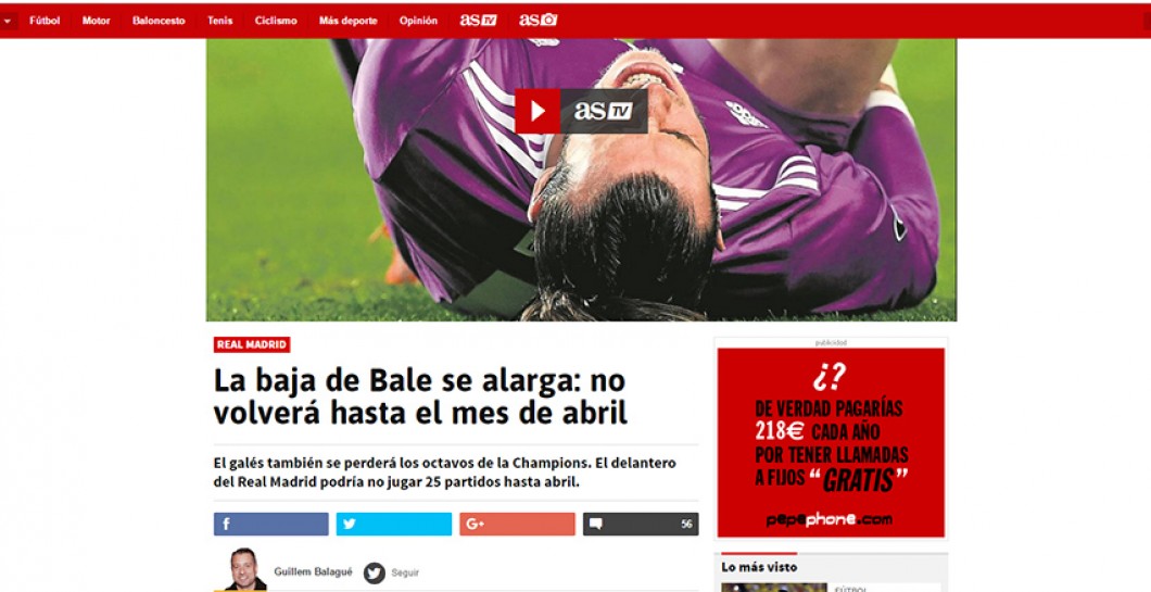 El diario 'As' pronosticó 5 meses de baja a Bale