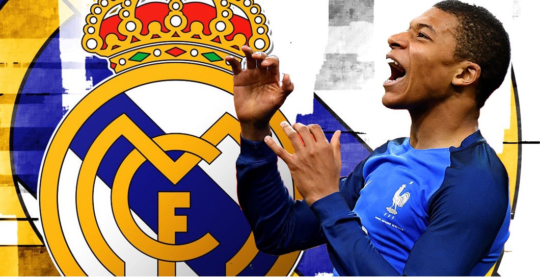 Montaje Mbappé y escudo del Real Madrid