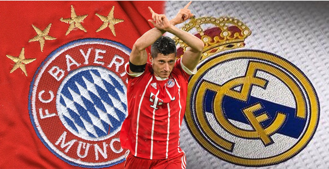 Montaje de Robert Lewandowski y escudo del Real Madrid/Bayern