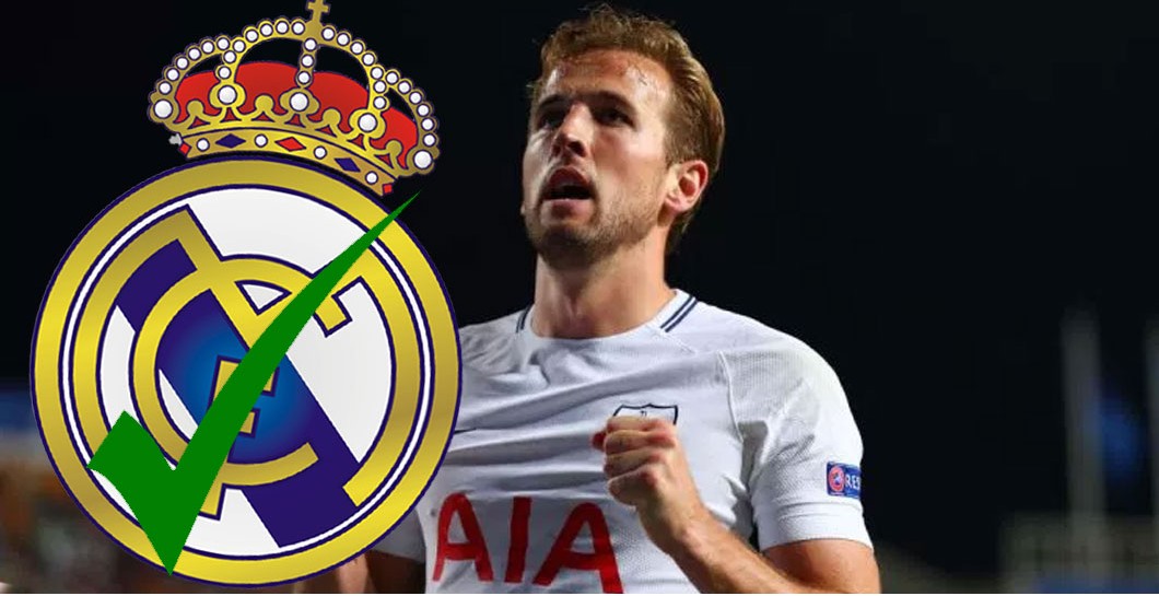 Kane, tick y escudo del Real Madrid