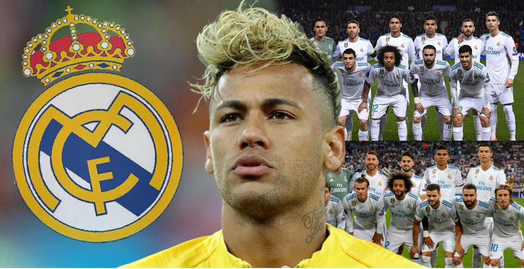 Neymar y escudo del Real Madrid, con jugadores