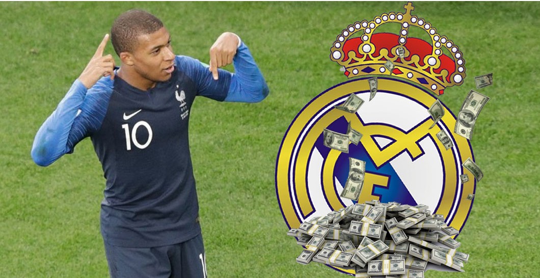 Mbappé y escudo del Real Madrid con billetes