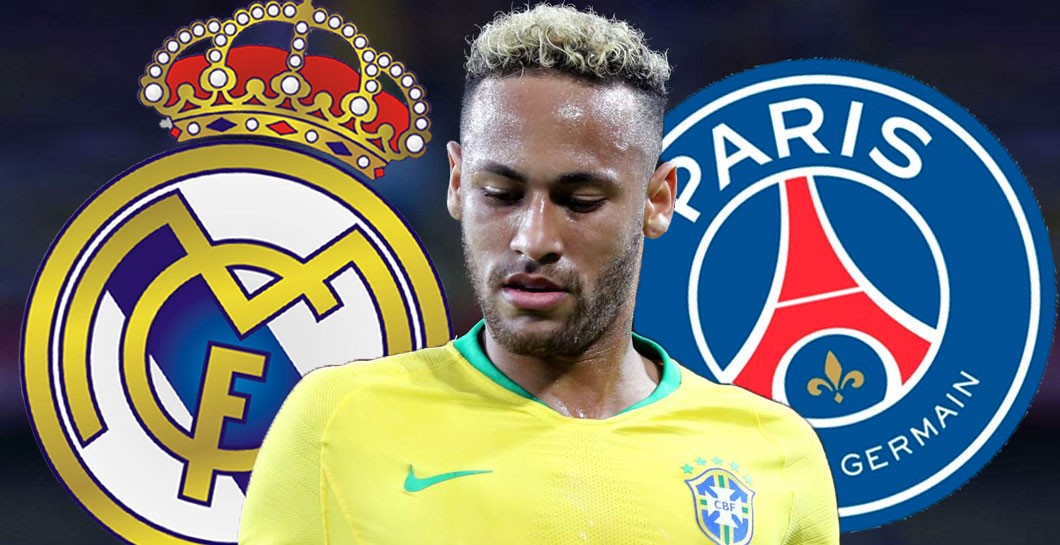 Neymar con Brasil y escudos PSG-Real Madrid