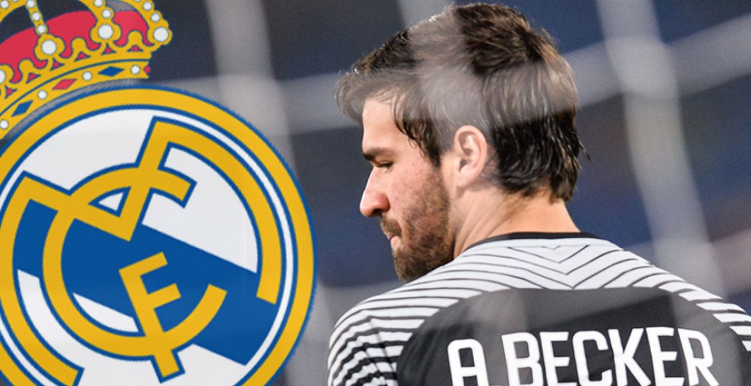 Alisson Becker y escudo del Real Madrid