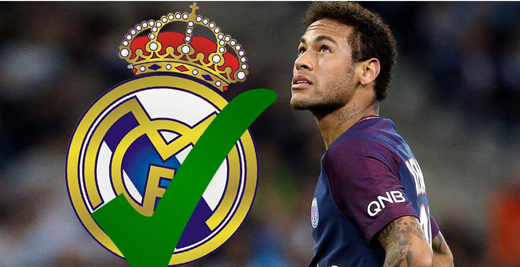 Neymar con el escudo del Real Madrid y un tick