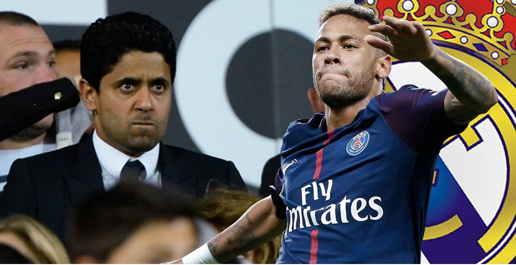 Al Khelaïfi enfadado y Neymar con el escudo del Madrid