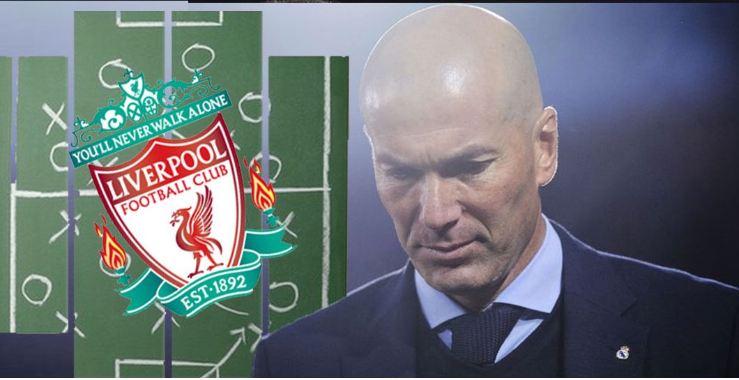 Zidane y escudo del Liverpool con pizarra táctica