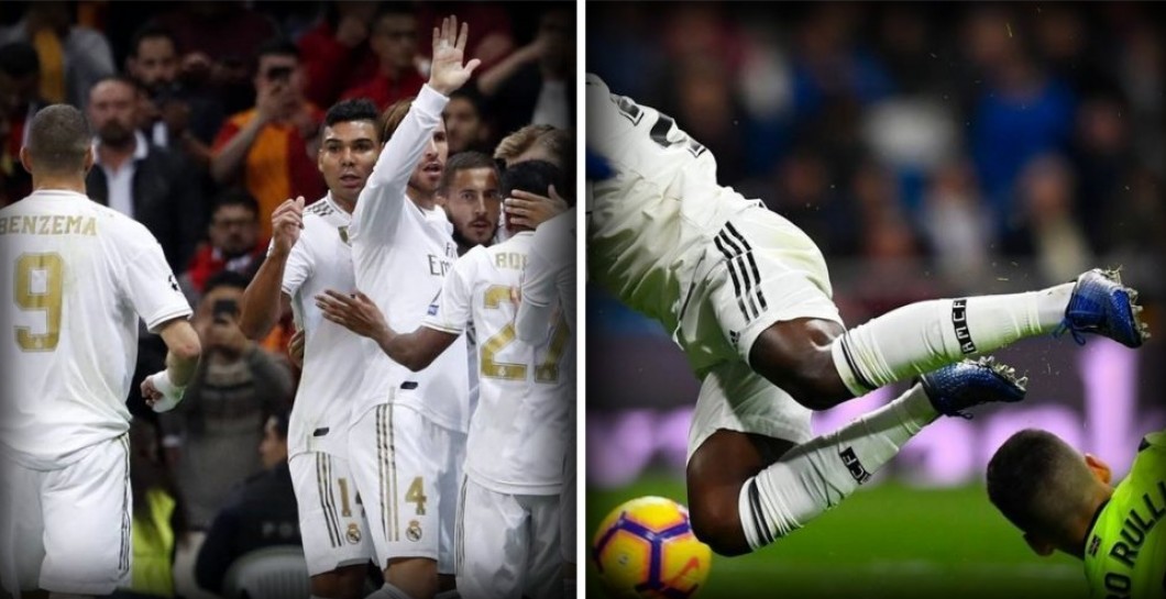 Varios jugadores del Madrid celebrando un gol y el penalti sobre Vinicius