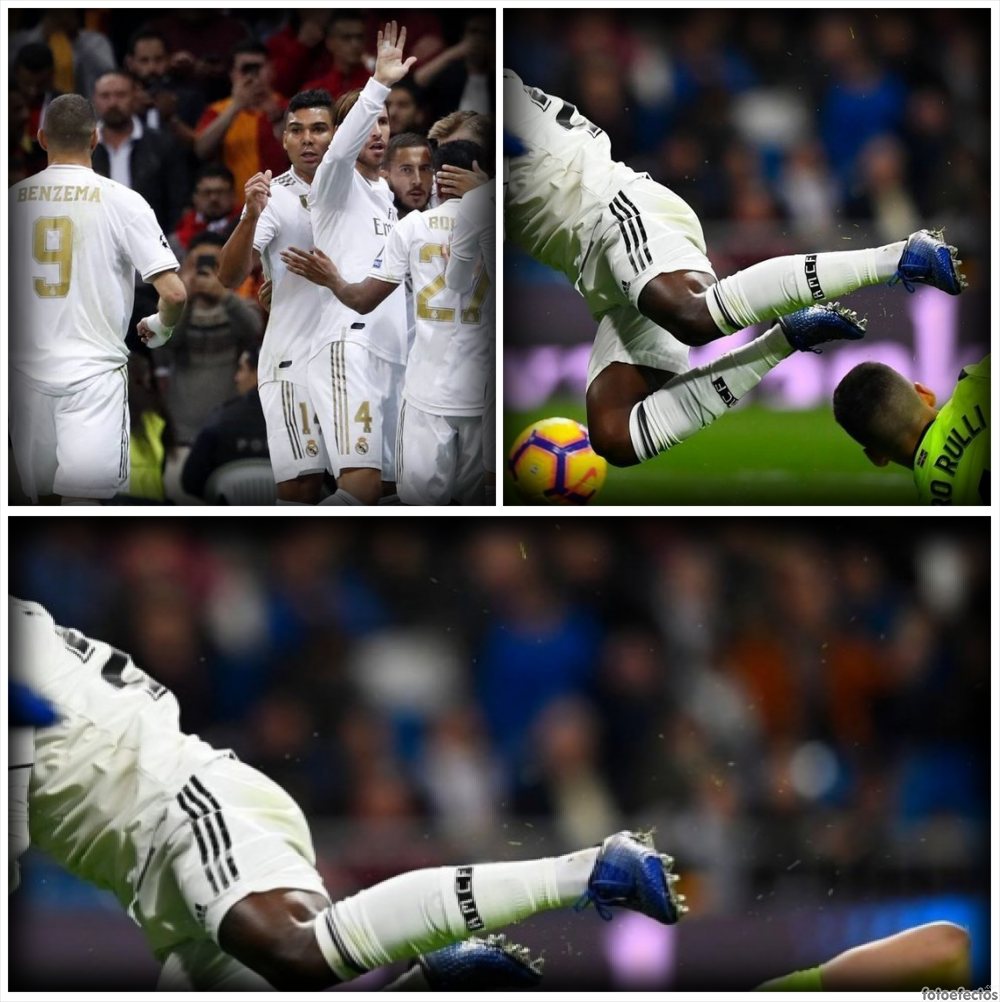 Varios jugadores del Madrid celebrando un gol y el penalti sobre Vinicius