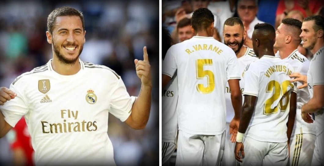Hazard y varios jugadores del Madrid celebrando un gol