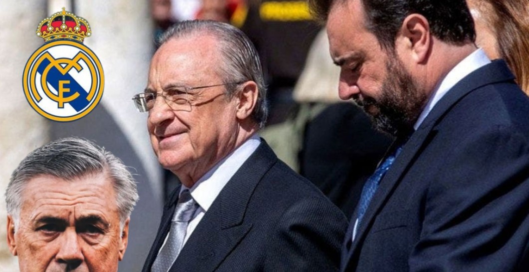 Ancelotti, Florentino Pérez y José Ángel Sánchez