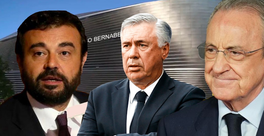 José Ángel Sánchez, Carlo Ancelotti y Florentino Pérez