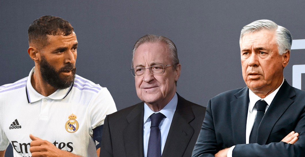 Karim Benzema, Florentino Pérez y Carlo Ancelotti