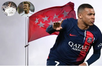 Mbappé, Ayuso y Beckham con bandera de Madrid